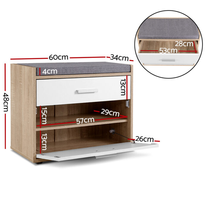 Artiss Shoe Cabinet Bench Shoes Storage Organiser Rack Fabric Seat Wooden Cupboard Up to 8 pairs - Image 2