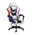 Oikiture LED Gaming Chair with Massage and 135° Recline, Executive PU Leather Office Chair Racing Chair with Footrest, Height Adjustable SGS Listed Gas-Lift, 160kg Capacity (Black&White)