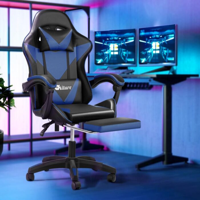 Oikiture Gaming Chair with Massage and 135° Recline, Executive Office Chair PU Leather Racing Chair with Footrest, Height Adjustable SGS Listed Gas-Lift, 160kg Capacity (Black&Blue) - Image 5