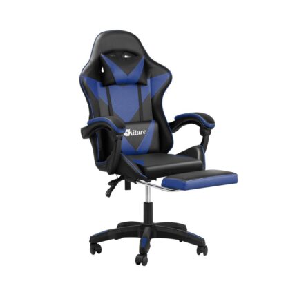 Oikiture Gaming Chair with Massage and 135° Recline, Executive Office Chair PU Leather Racing Chair with Footrest, Height Adjustable SGS Listed Gas-Lift, 160kg Capacity (Black&Blue)