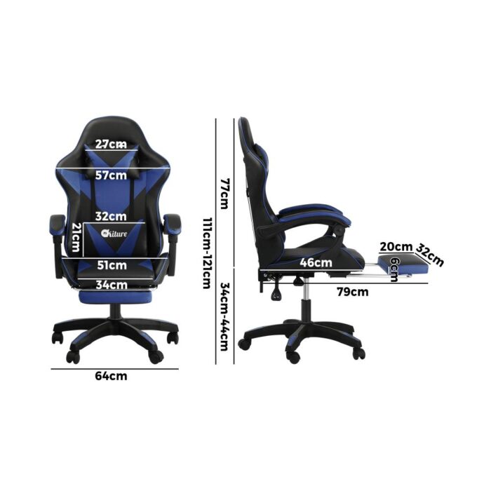 Oikiture Gaming Chair with Massage and 135° Recline, Executive Office Chair PU Leather Racing Chair with Footrest, Height Adjustable SGS Listed Gas-Lift, 160kg Capacity (Black&Blue) - Image 7