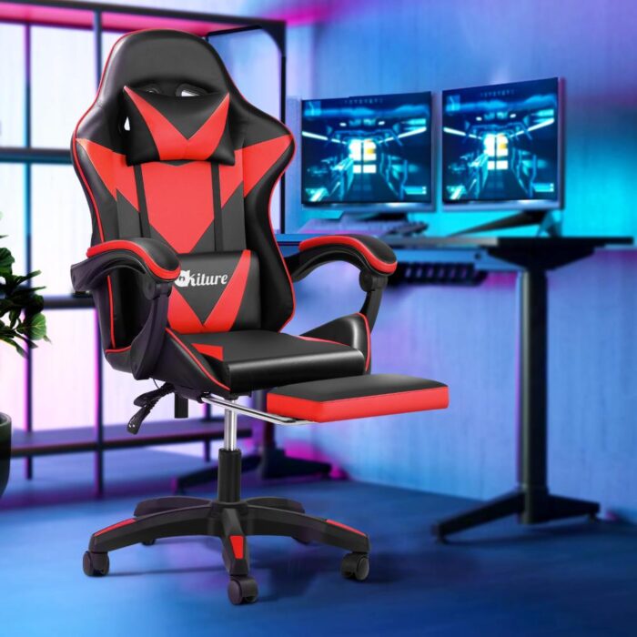 Oikiture Gaming Chair with Massage and 135° Recline, Executive Office Chair PU Leather Racing Chair with Footrest, Height Adjustable SGS Listed Gas-Lift, 160kg Capacity (Black&Red) - Image 7