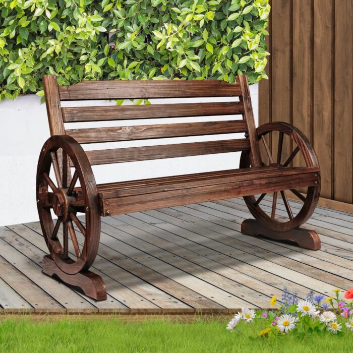 Livsip Wooden Garden Bench Wagon Wheel Brown - Image 6