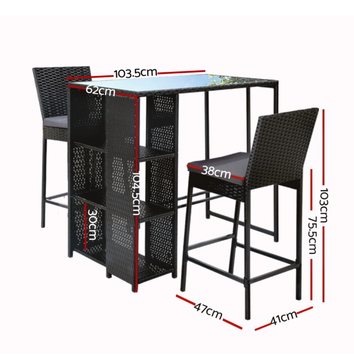 Gardeon 3-Piece Outdoor Bar Set Patio Dining Chairs Wicker Table Stools - Image 2
