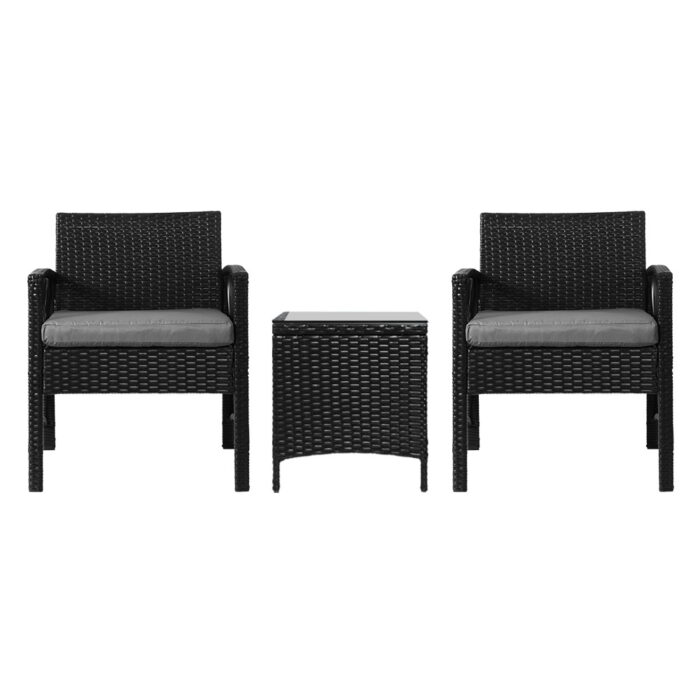 Gardeon 3PC Outdoor Bistro Set Patio Furniture Wicker Dining Chairs Table Cushion Black - Image 3