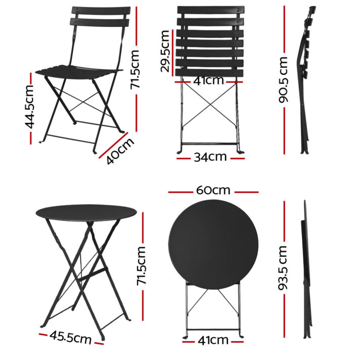 Gradeon 3PC Outdoor Bistro Set Steel Table and Chairs Patio Furniture Black - Image 2