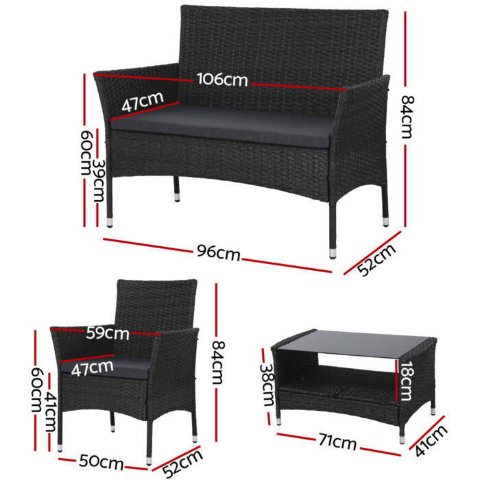 Gardeon 4 Piece Outdoor Dining Set Furniture Lounge Setting Table Chairs Black - Image 2