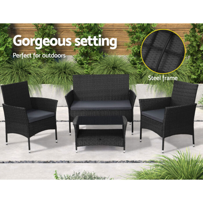 Gardeon 4 Piece Outdoor Dining Set Furniture Lounge Setting Table Chairs Black - Image 4