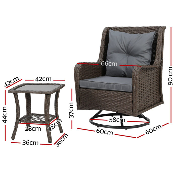 Gardeon 3PC Outdoor Furniture Bistro Set Lounge Wicker Swivel Chairs Table Cushion Brown - Image 2