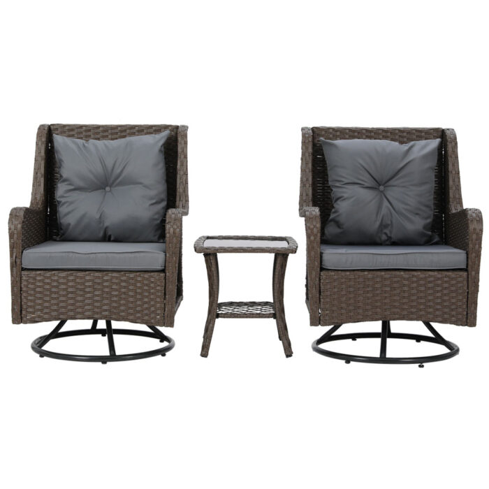 Gardeon 3PC Outdoor Furniture Bistro Set Lounge Wicker Swivel Chairs Table Cushion Brown - Image 3