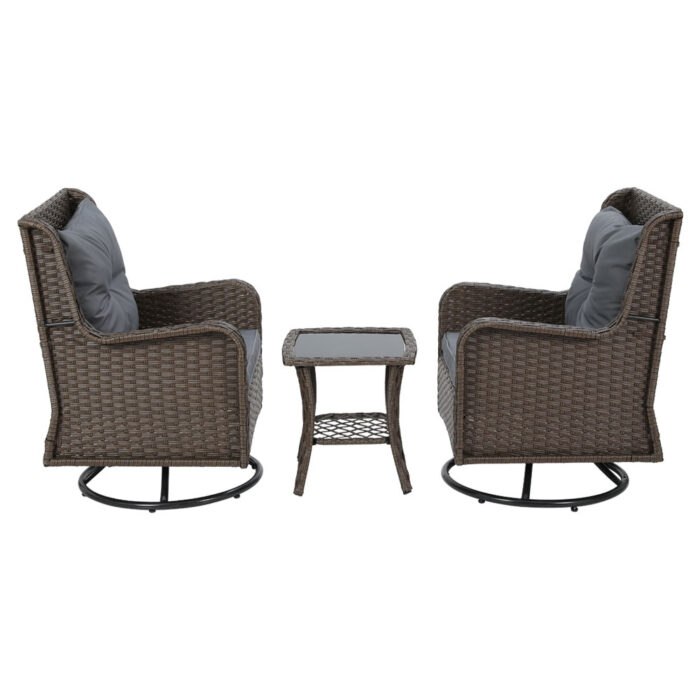Gardeon 3PC Outdoor Furniture Bistro Set Lounge Wicker Swivel Chairs Table Cushion Brown - Image 4