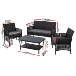 Gardeon 4PCS Outdoor Lounge Setting Sofa Set Patio Wicker Furniture Black Cover - Image 2