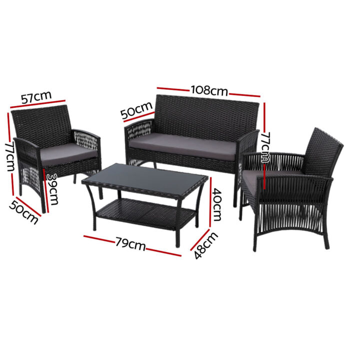 Gardeon 4PCS Outdoor Lounge Setting Sofa Set Patio Wicker Furniture Black Cover - Image 2
