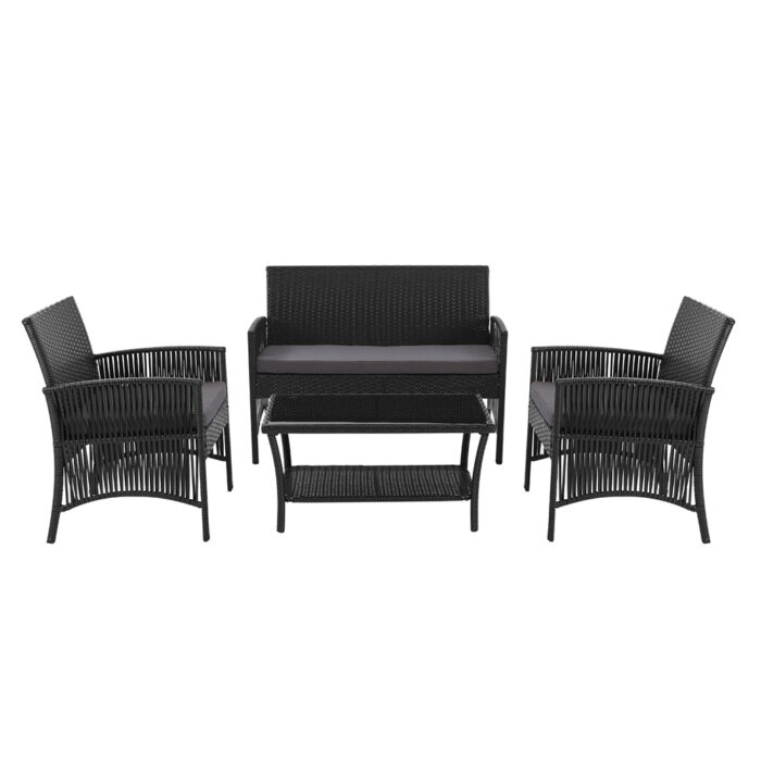 Gardeon 4PCS Outdoor Lounge Setting Sofa Set Patio Wicker Furniture Black Cover - Image 3