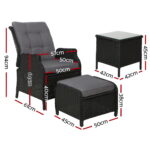 Gardeon 5PC Recliner Chairs Table Sun lounge Wicker Outdoor Furniture Adjustable Black - Image 2