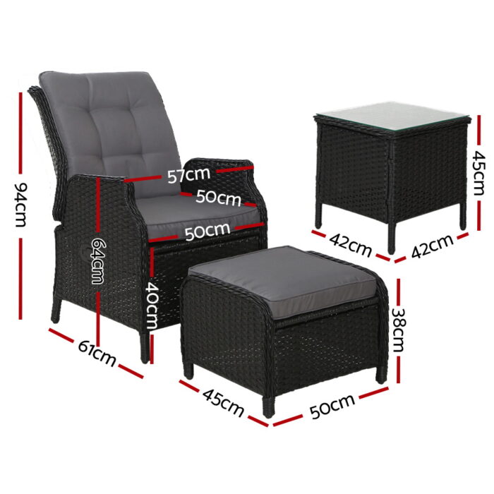 Gardeon 5PC Recliner Chairs Table Sun lounge Wicker Outdoor Furniture Adjustable Black - Image 2