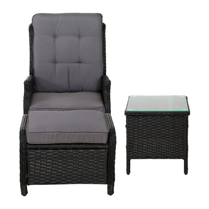 Gardeon 5PC Recliner Chairs Table Sun lounge Wicker Outdoor Furniture Adjustable Black - Image 3