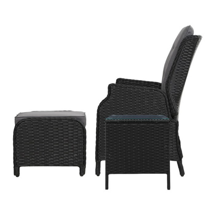 Gardeon 5PC Recliner Chairs Table Sun lounge Wicker Outdoor Furniture Adjustable Black - Image 4