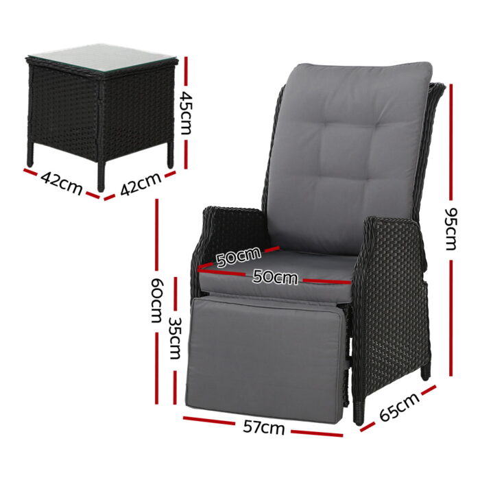 Gardeon 3PC Recliner Chairs Table Sun lounge Outdoor Furniture Wicker Adjustable Black - Image 2