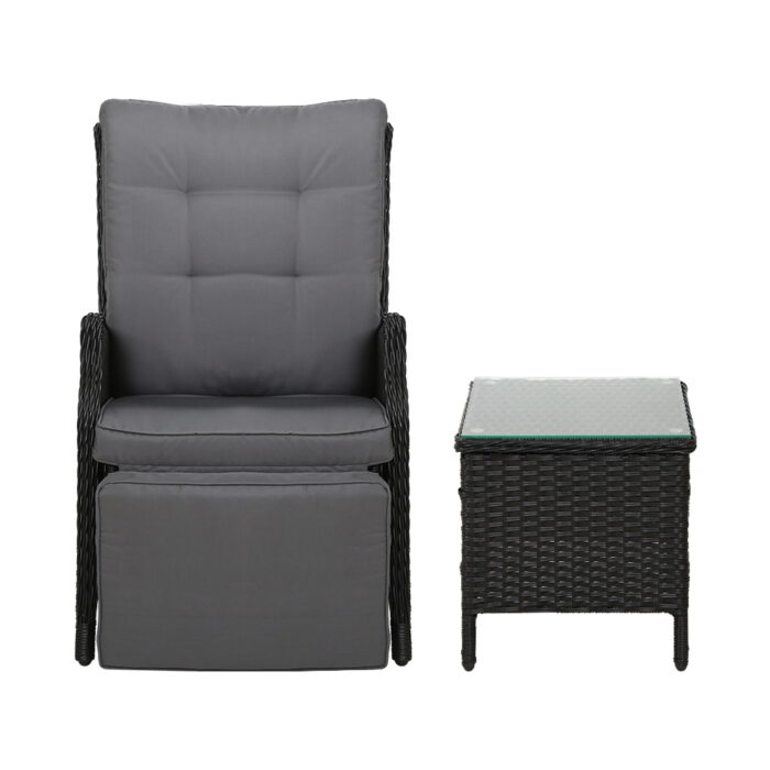 Gardeon 3PC Recliner Chairs Table Sun lounge Outdoor Furniture Wicker Adjustable Black - Image 3