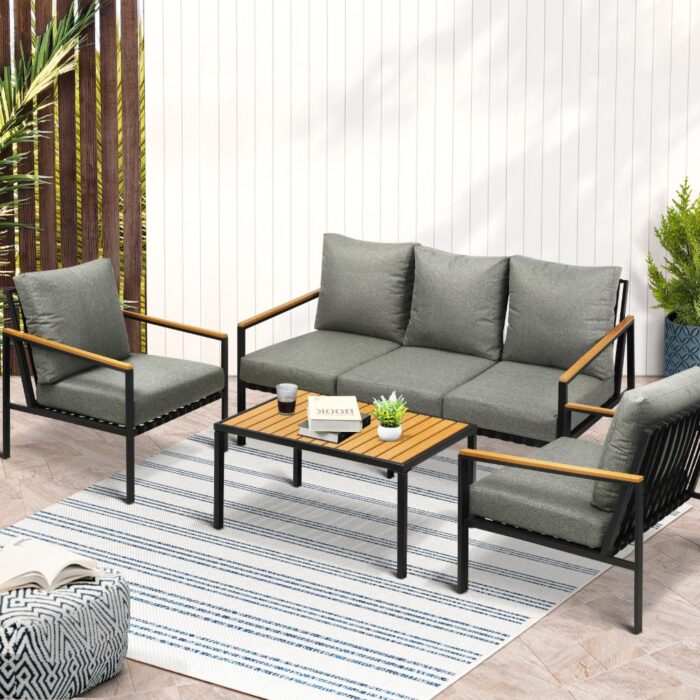 Livsip Outdoor Patio Set Table and Chairs with Cushion Black - Image 3