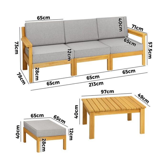 Livsip Stylish 3-Seater Outdoor Sofa Set with Table and Ottoman (Wooden) - Image 3