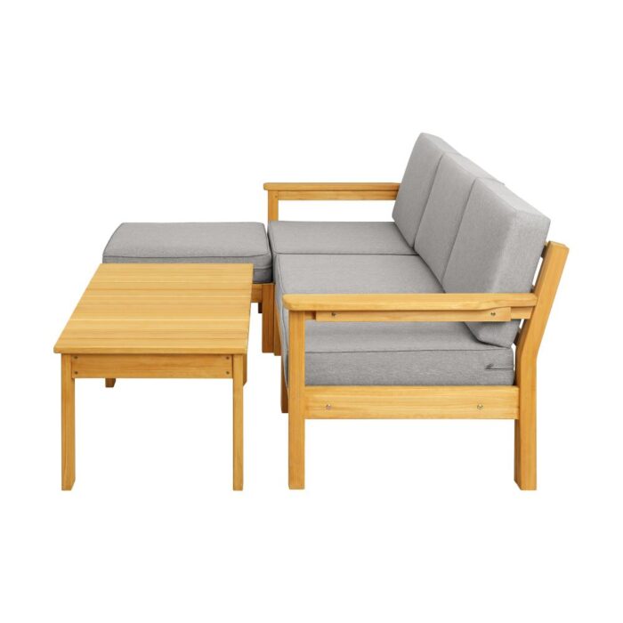 Livsip Stylish 3-Seater Outdoor Sofa Set with Table and Ottoman (Wooden) - Image 4