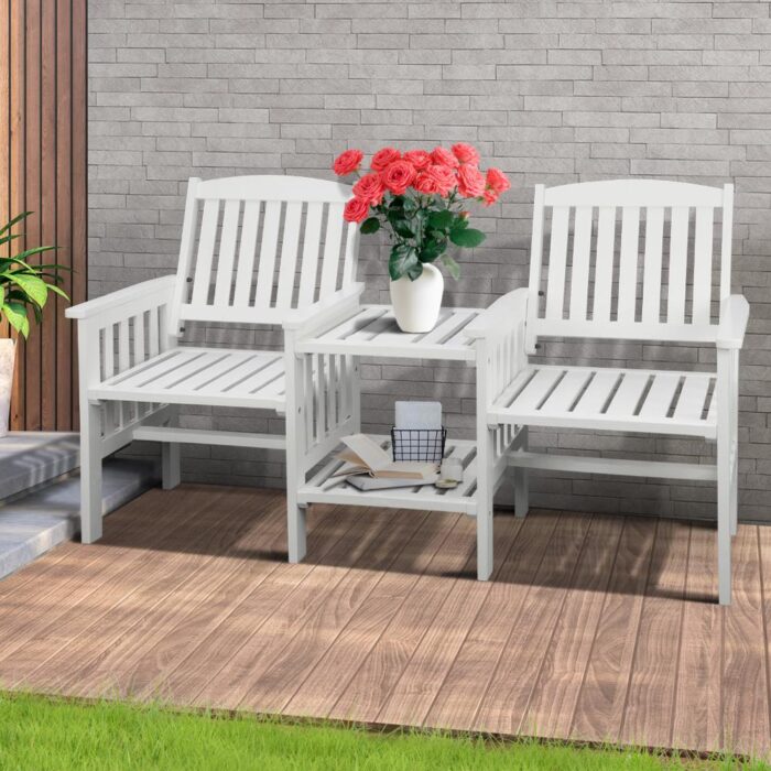 Livsip Wooden Garden Bench 2 Seat Chair&Table White - Image 2