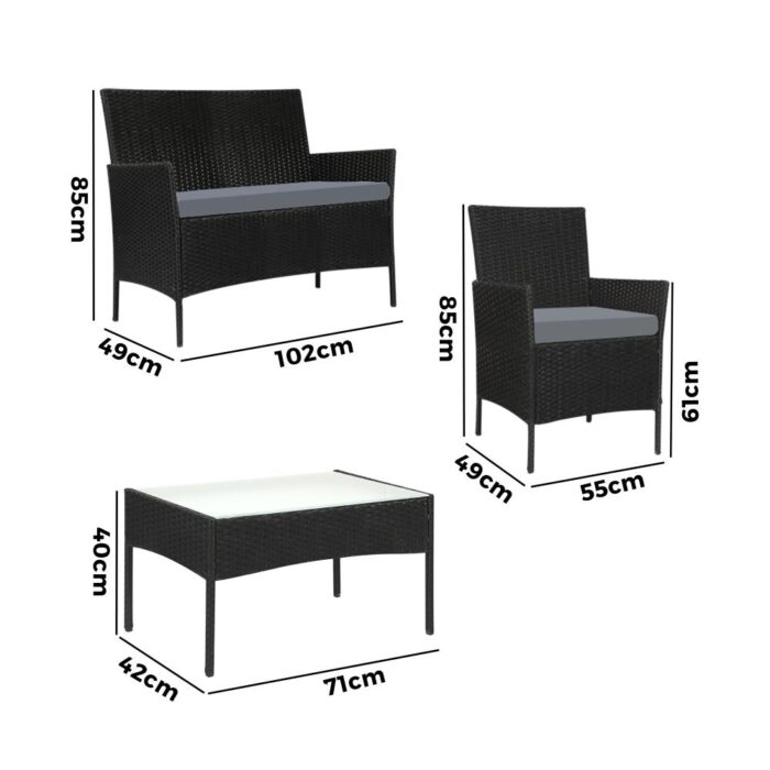 Livsip Outdoor Furniture Setting 4PCS Patio Garden Table Chairs Set Wicker Seat Black and Grey - Image 6