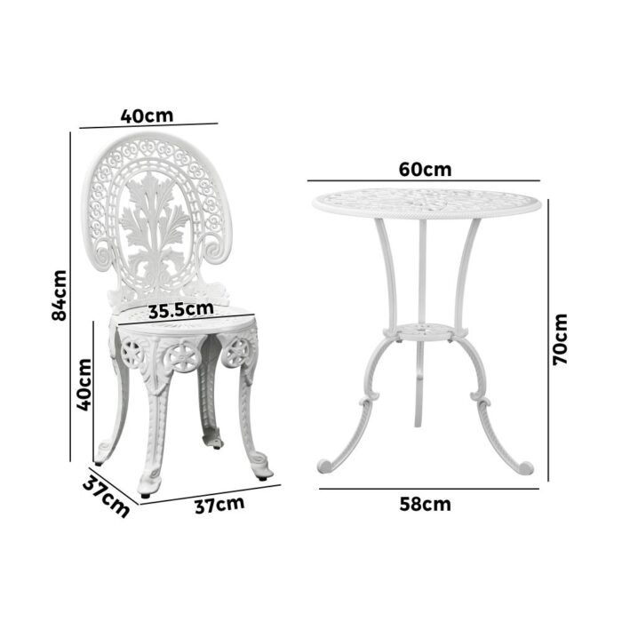Livsip Outdoor Set Cast Aluminium Table and Chair 3PCS White - Image 6