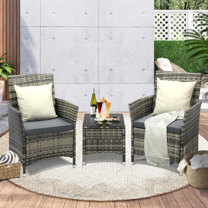 Livsip Outdoor Furniture Patio Chairs Table 3PCS Grey - Image 4