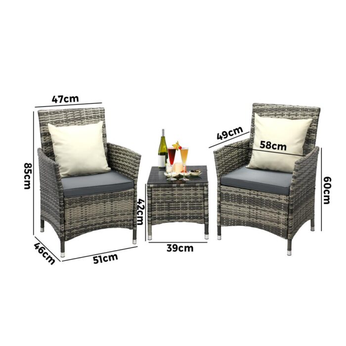Livsip Outdoor Furniture Patio Chairs Table 3PCS Grey - Image 6
