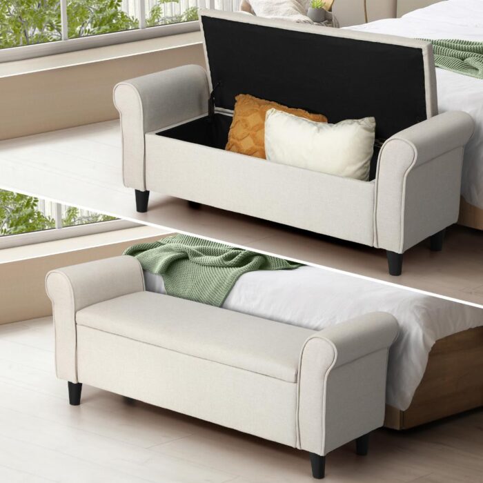 Oikiture Storage Ottoman Linen Fabric Large Beige - Image 7