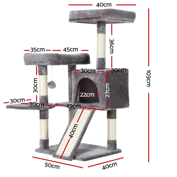 i.Pet Cat Tree 103cm Tower Scratching Post Scratcher Wood Condo House Trees Grey - Image 3