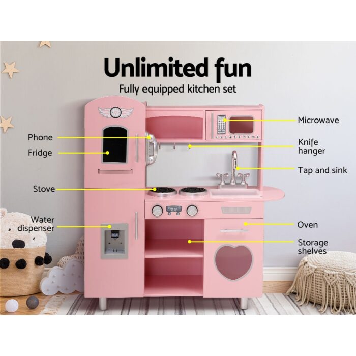 Keezi Kids Kitchen Play Set Wooden Pretend Toys Cooking Children Food Pink - Image 4