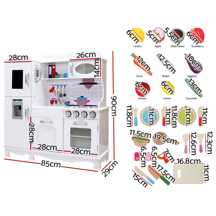 Keezi Kids Kitchen Play Set Wooden Pretend Toys Cooking Children Food White - Image 2