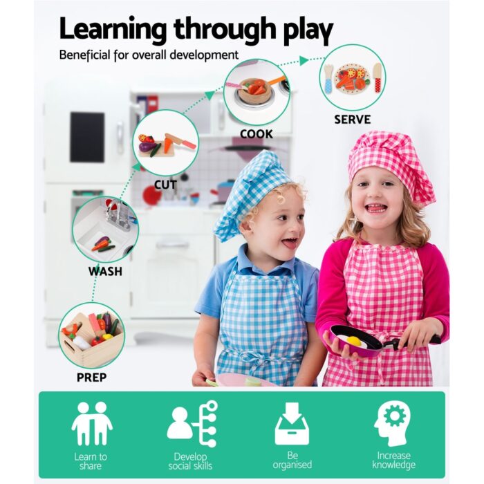 Keezi Kids Kitchen Play Set Wooden Pretend Toys Cooking Children Food White - Image 4
