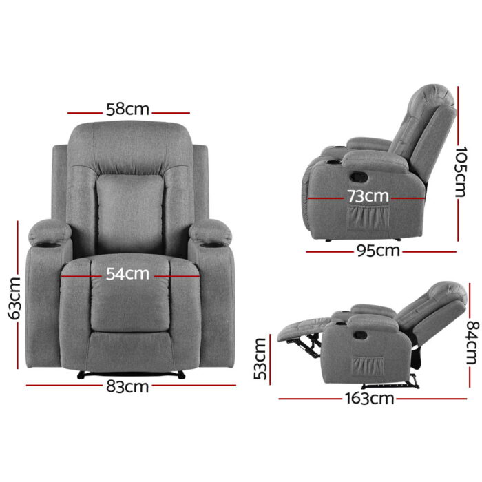 Artiss Recliner Chair Electric Massage Chair Fabric Lounge Sofa Heated Grey - Image 2