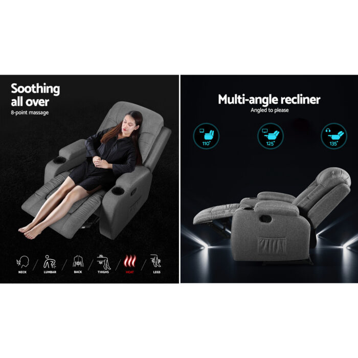 Artiss Recliner Chair Electric Massage Chair Fabric Lounge Sofa Heated Grey - Image 3