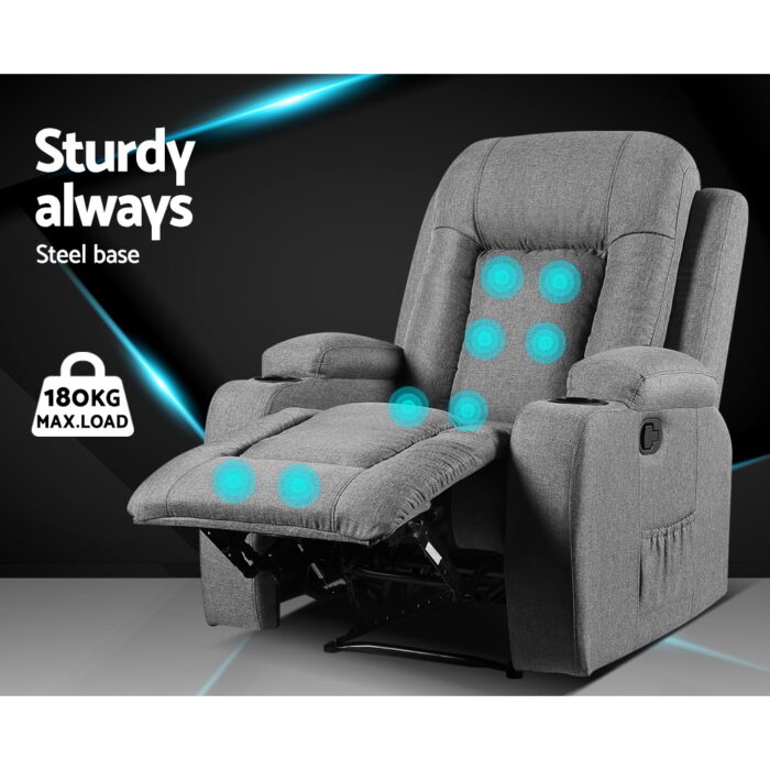 Artiss Recliner Chair Electric Massage Chair Fabric Lounge Sofa Heated Grey - Image 4
