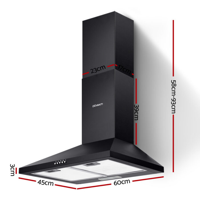 Devanti 600mm Range Hood 60cm Rangehood Black - Image 2