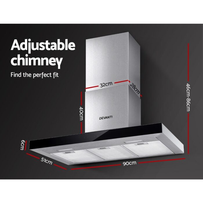 Devanti 900mm Range Hood 90cm Rangehood Glass Stainless Steel - Image 2