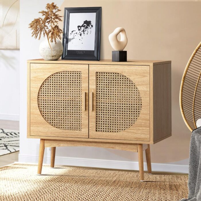 Oikiture Rattan Sideboard Hallway Shelf Wood - Image 2