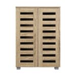Oikiture Shoe Cabinet Slatted Doors 3 Adjustable Shelves Wooden