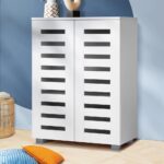 Oikiture Shoe Cabinet Slatted Doors 3 Adjustable Shelves White - Image 2