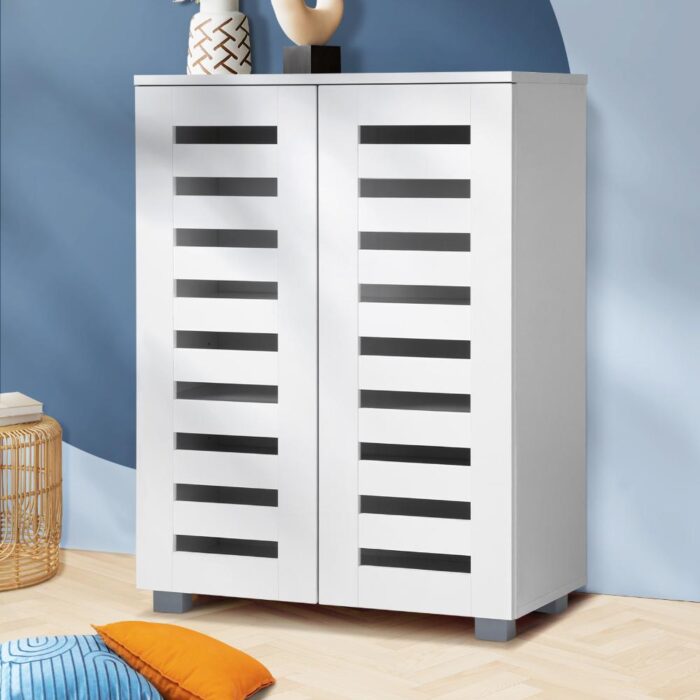 Oikiture Shoe Cabinet Slatted Doors 3 Adjustable Shelves White - Image 2