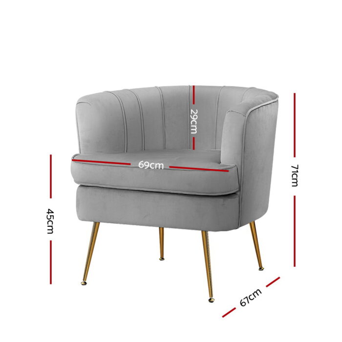 Artiss Armchair Lounge Accent Chair Armchairs Sofa Chairs Velvet Grey Couch - Image 2