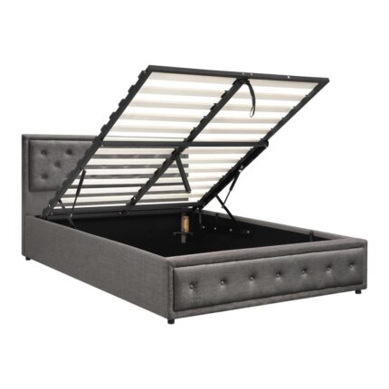 Oikiture Queen Bed Frame with Storage Space Gas Lift Grey