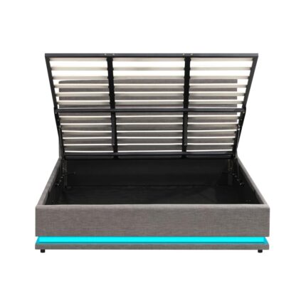 Oikiture King Bed Frame with Gas Lift LED Storage Space Grey