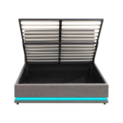 Oikiture Queen Bed Frame with Gas Lift LED Storage Space Grey